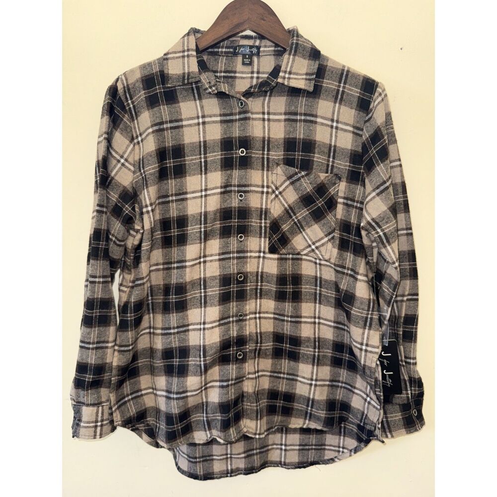 NWT J for Justify Plaid Button Down Flannel Shirt Brown Tan Size S